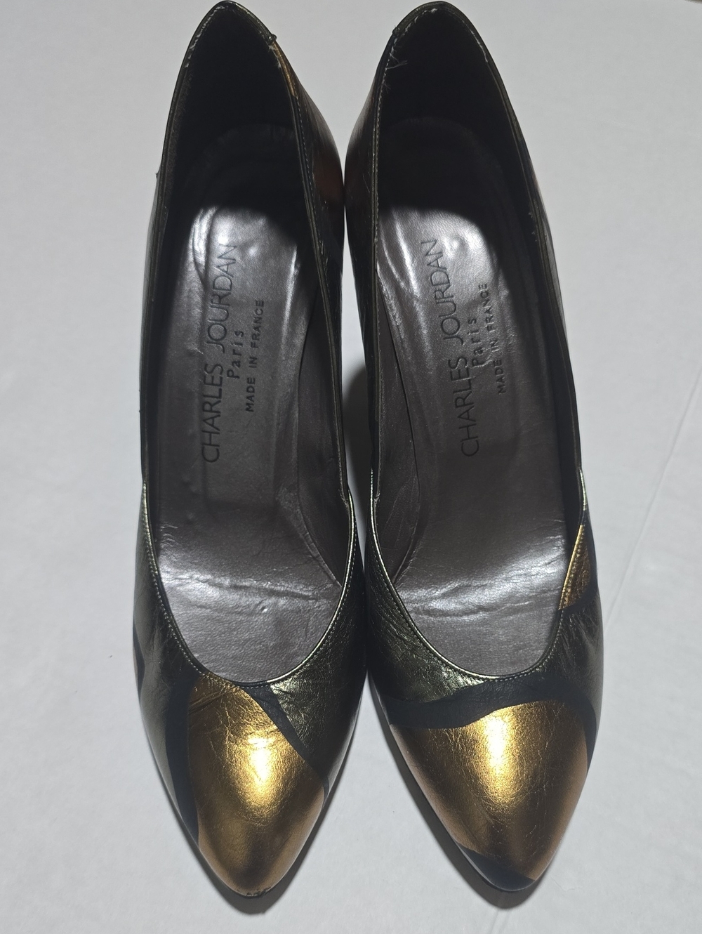 Vintage Charles Jourdan Paris Leather Pumps-Gold Metallic & Black Heels Size 7.5